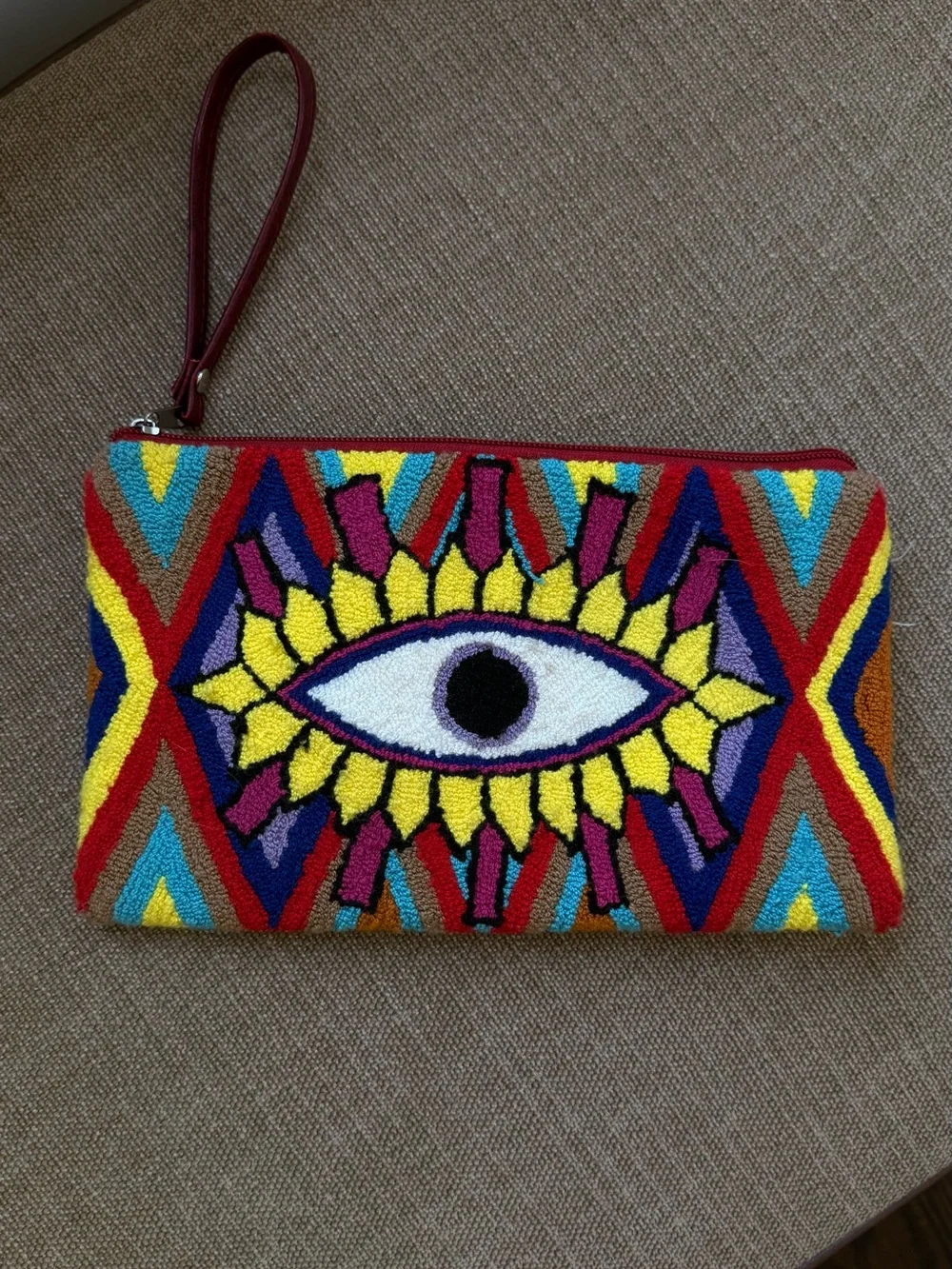 Colorful Stitched Wristlet Clutch with Evil Eye Motif